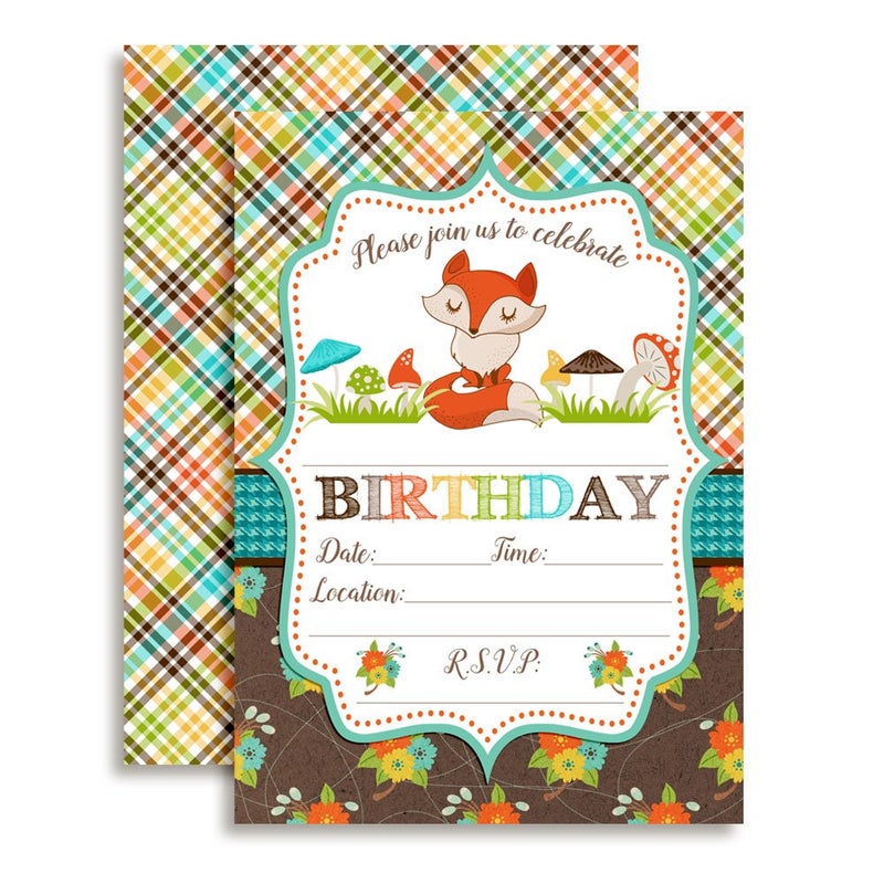 Amanda Creation Fall Fox Birthday Party Invitations, 20 5x7 Fill In Cards with Twenty White Envelopes by AmandaCreation - Image 1